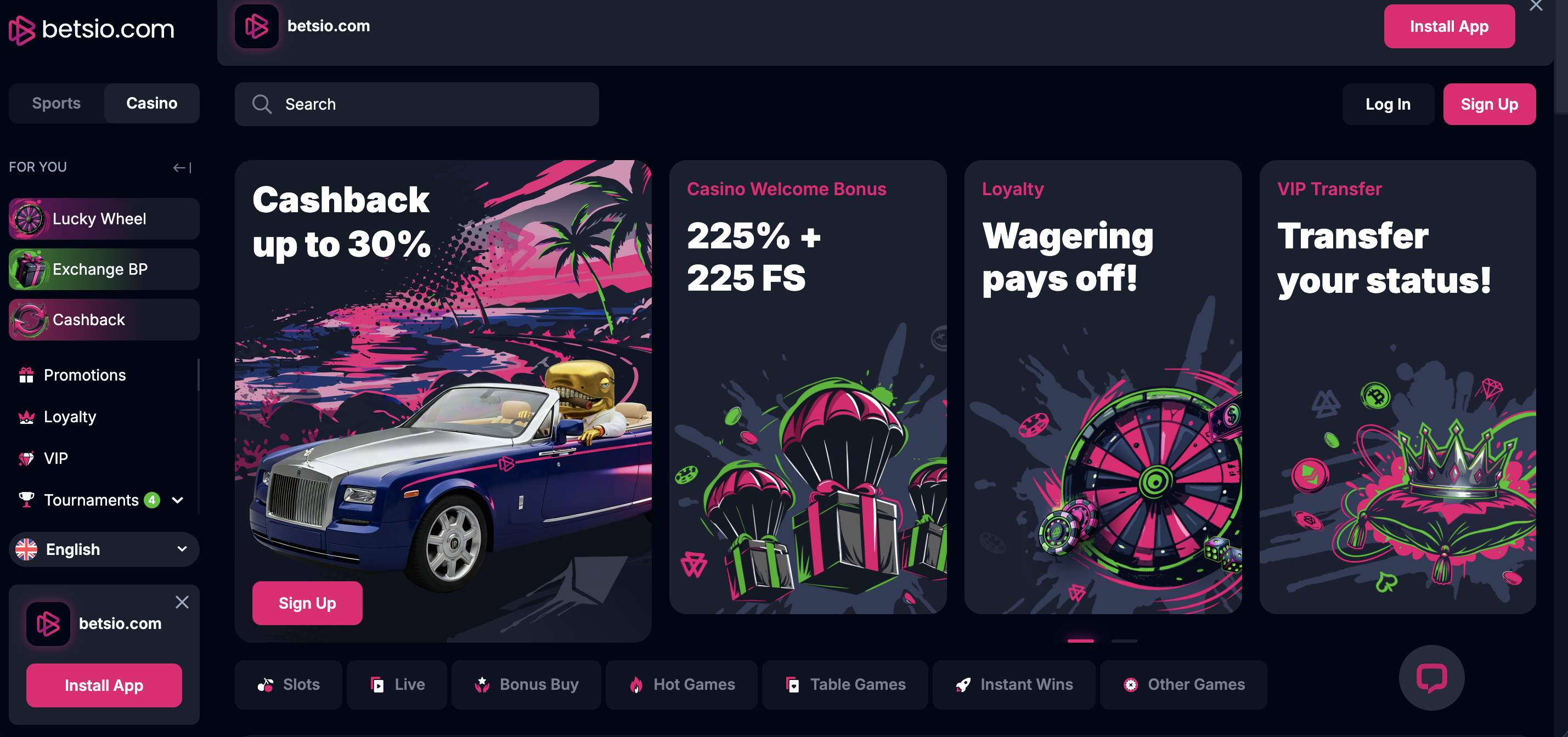 Betsio Casino Interface